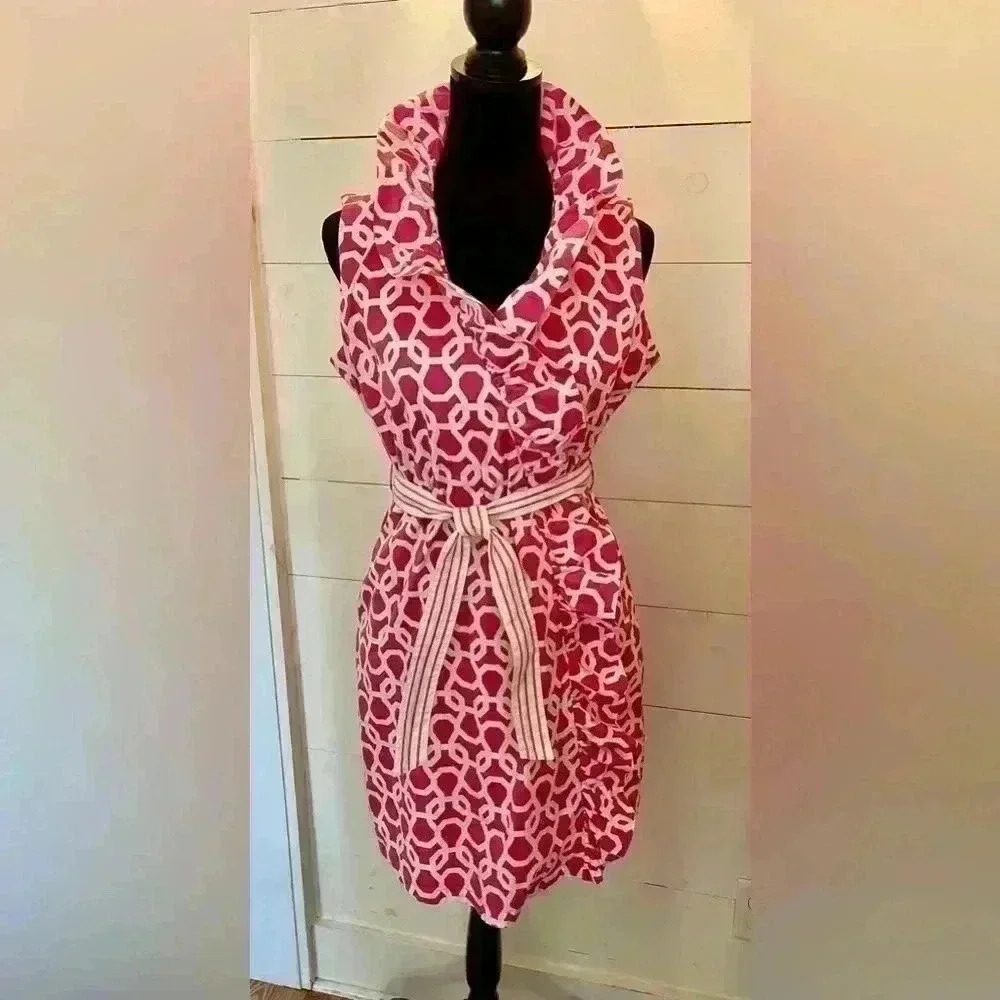 Sleeveless Pink Geometric Print Cowl Neck Dress with Belt